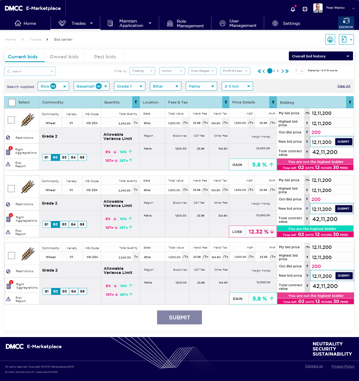Bid center with applied filters shown as removable chips above the results