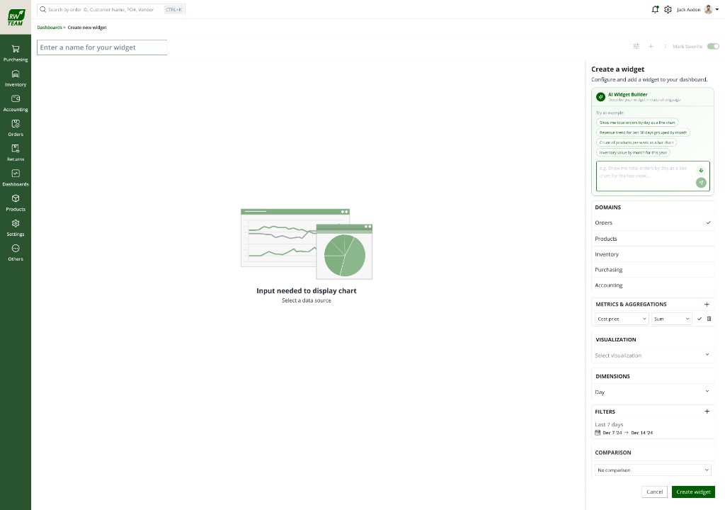 AI widget builder empty canvas with natural language input