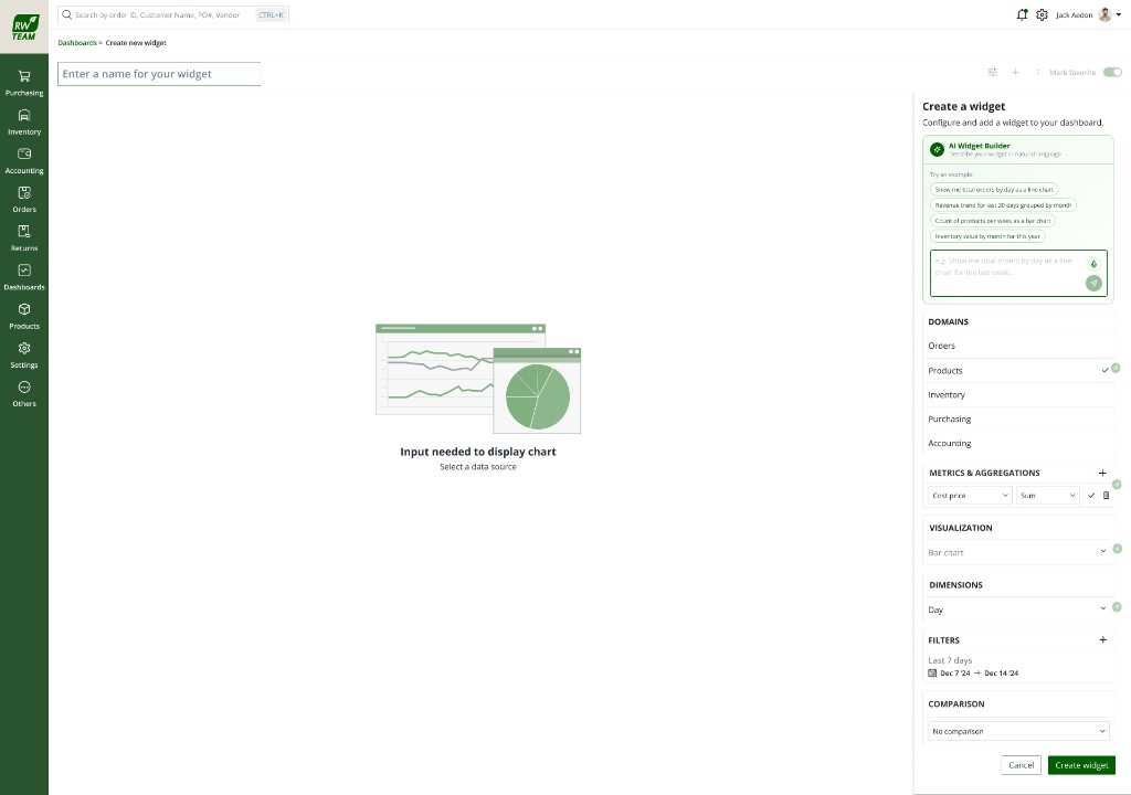 AI widget builder configuration fields populated in sidebar