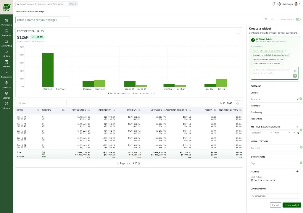 AI widget builder chart preview and data table before save