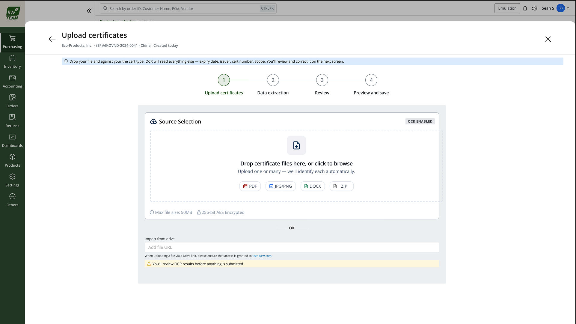 Vendor certificate validation workflow in the ERP