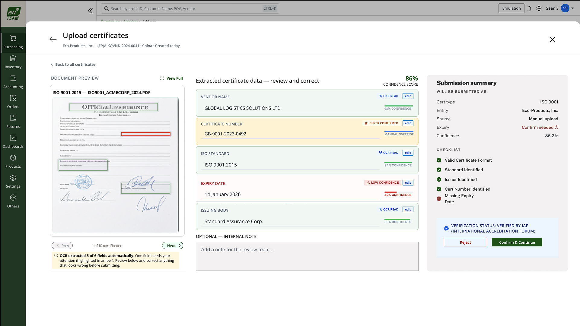 Field-level review, document preview with extracted fields, per-field confidence, and edit controls